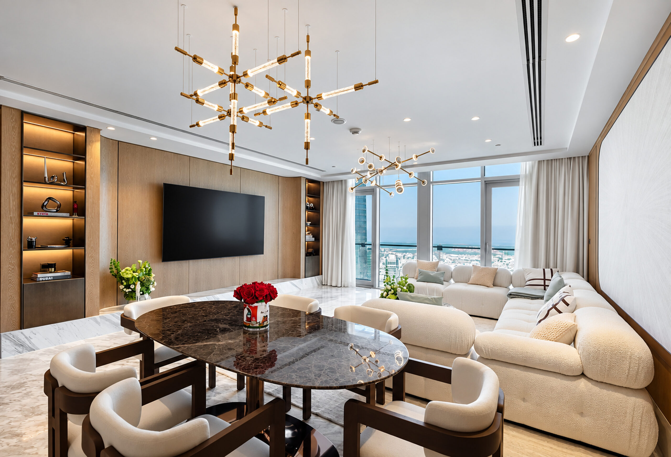 modern living dining room with city view